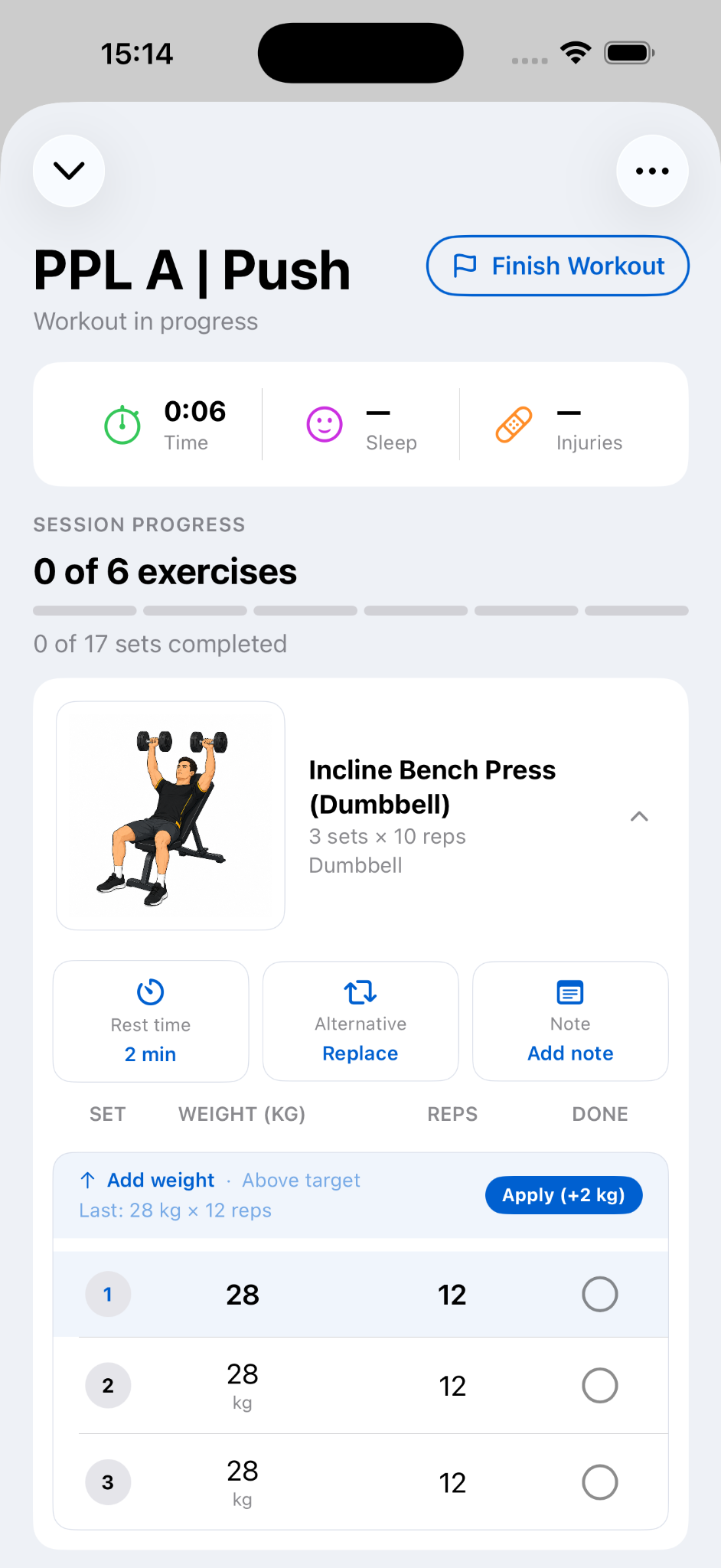 LiftTraq active workout screen